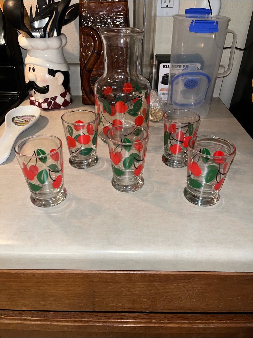 Libbey Cherry Glass Carafe and 6 Tumblers - Red and Green